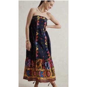 FARM Rio Strapless Black Midi Dress with Multicolor Floral Accents